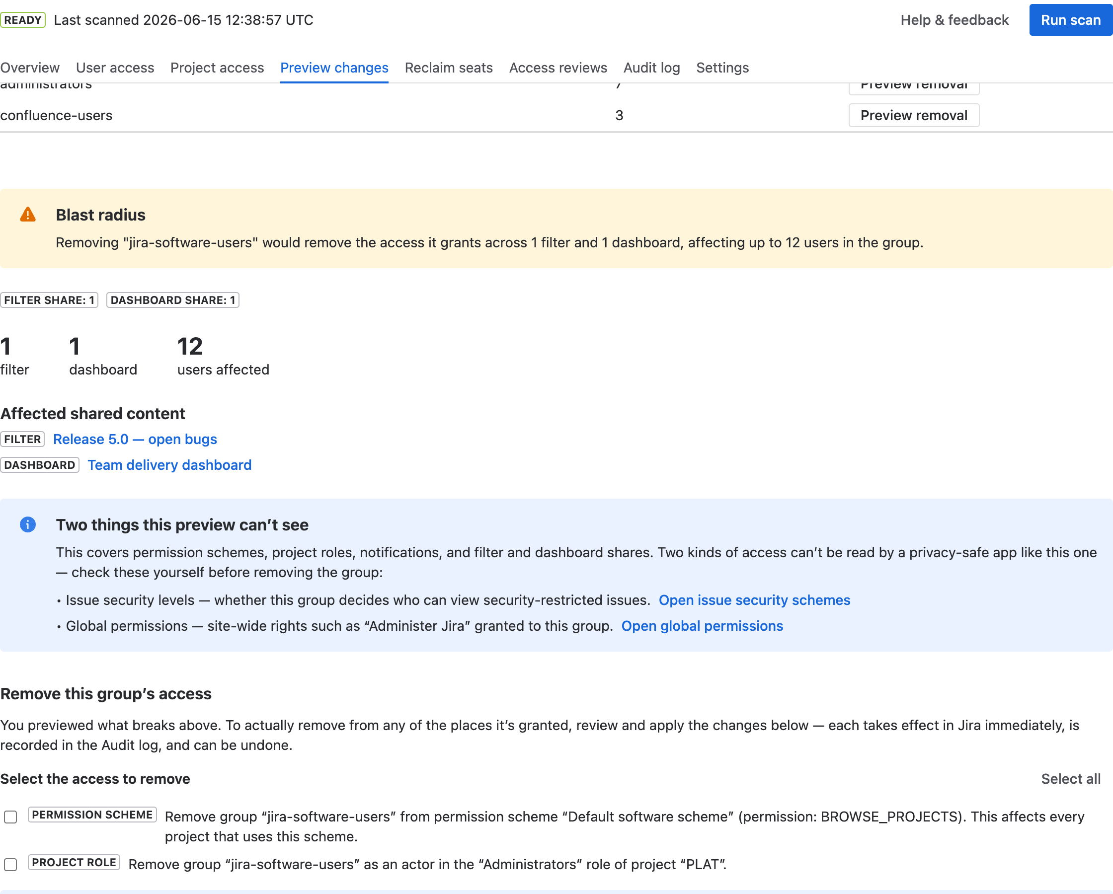 The removable-access step: a checklist of changes the app can apply, plus guided steps for the ones it can't.