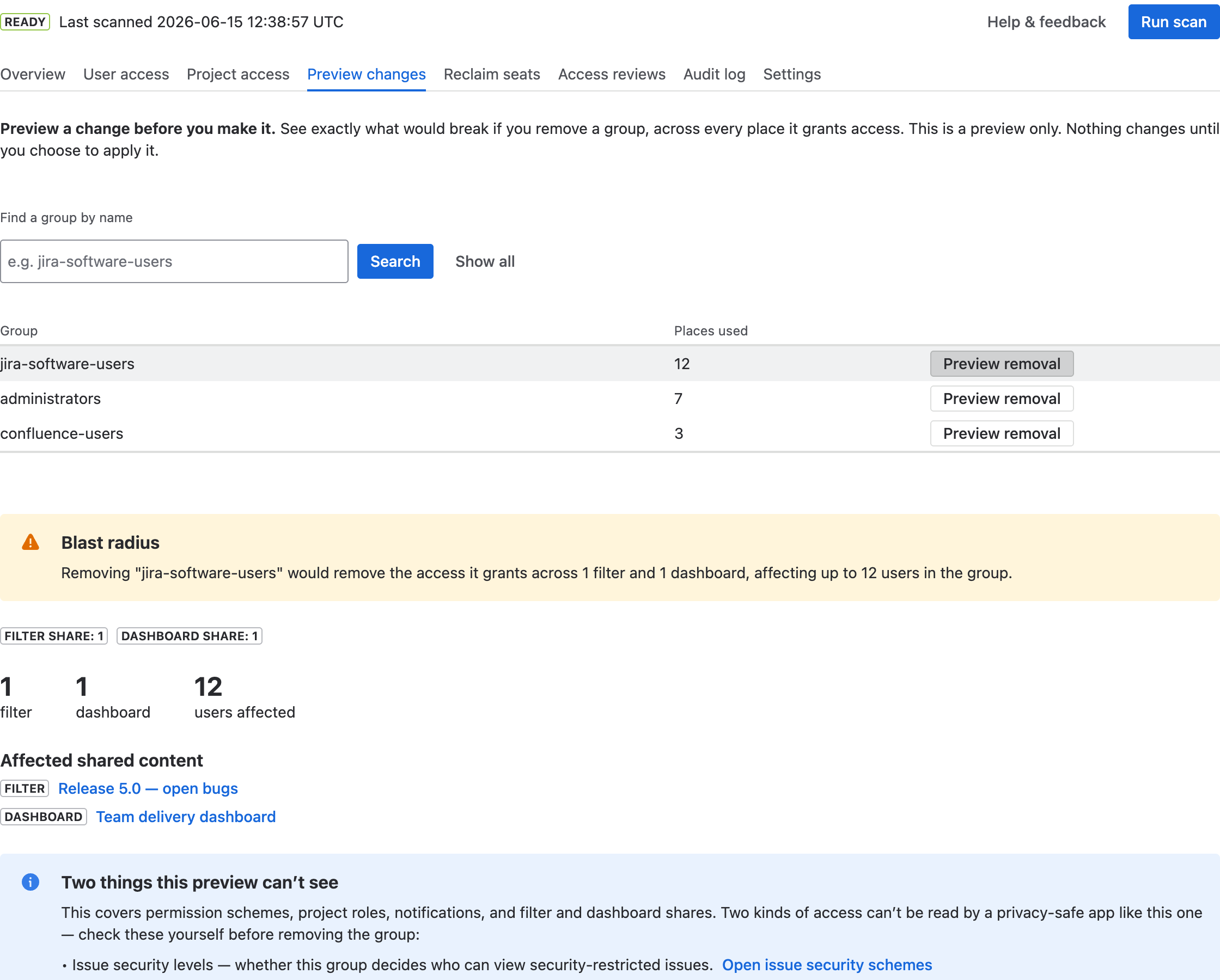 The Preview changes tab showing the blast radius of removing a group — affected projects, filters, dashboards, and users.