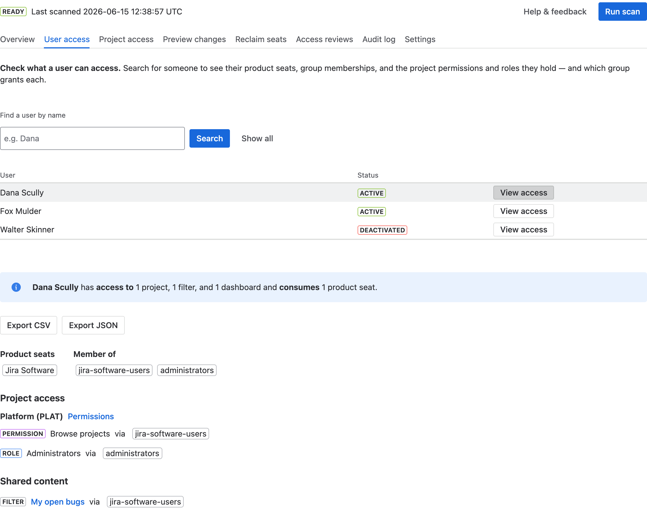 The User access tab showing one user's full access breakdown — summary, product seats, group memberships, and per-project permissions.